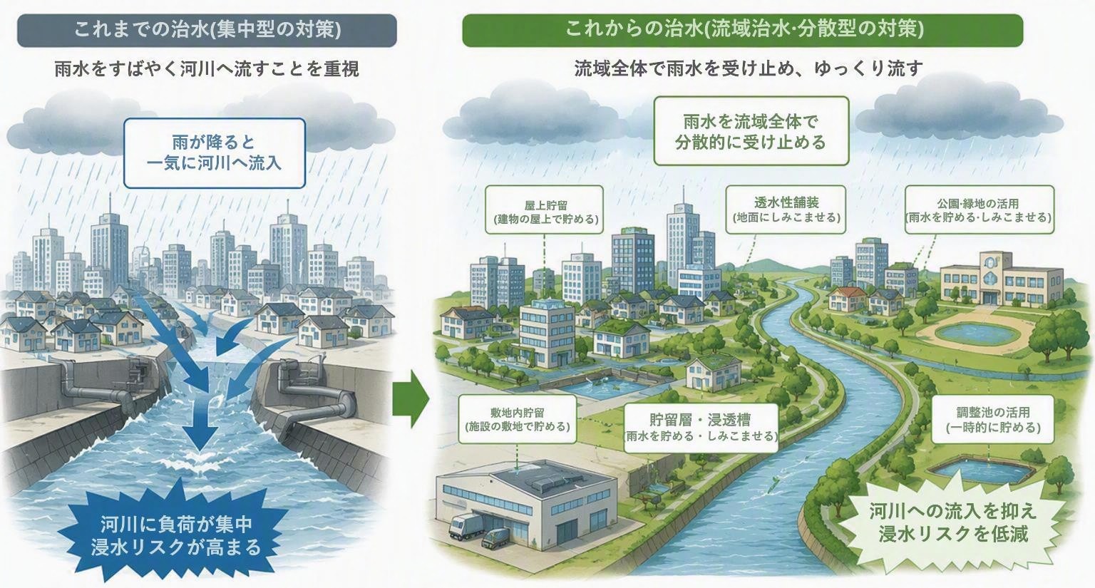 従来の集中型治水と流域治水の違いを示した図。河川へ集中的に排水する対策から、雨水を貯留・浸透させながら流域全体で分散的に受け止める対策への転換を表現している。
